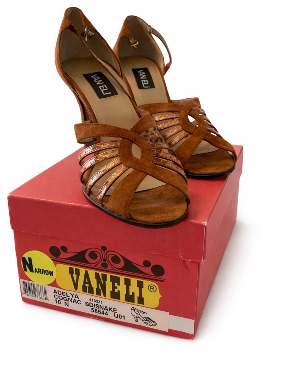 VANELI Cognac Suede Cutout Strappy Heels with Metallic Accents